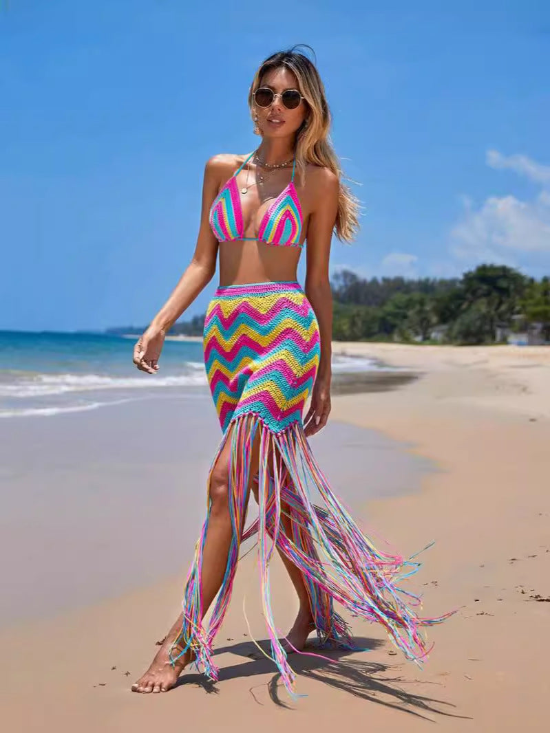 Women sexy crocheted wave pattern fringed beach cover-up dress two-piece set 3