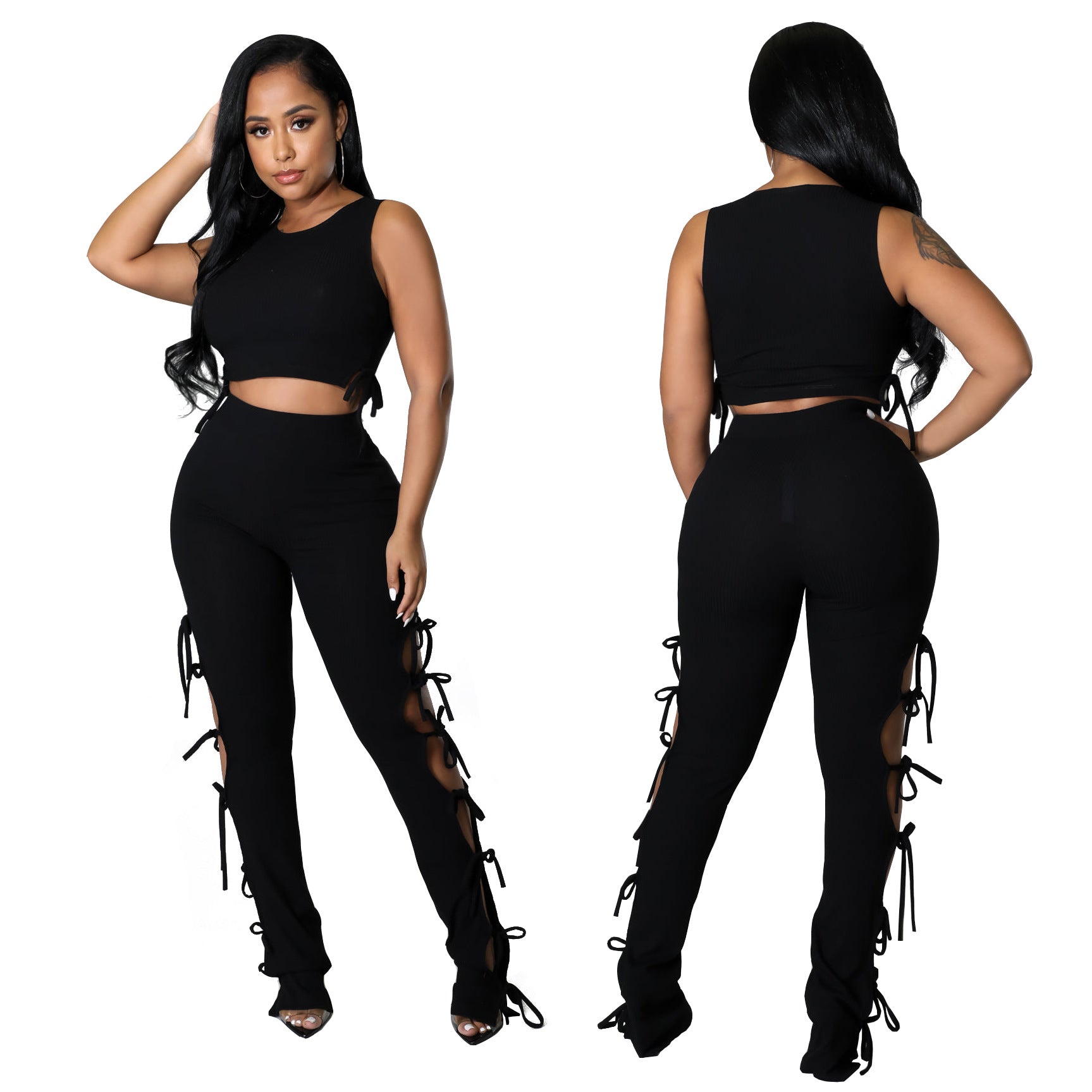 Women's Fashion Summer Style Cutout Tie Solid Color Ribbed Sleeveless Two-Piece Pants Set 6
