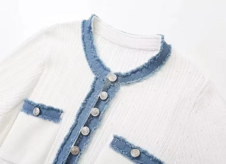 Denim Patchwork Round Neck Metal Button Slim Women's Knit Dress 10