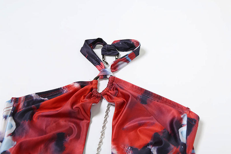 Women Spring Style Contrast Chain Sexy Cutout Halter Neck Bodycon Dress 15