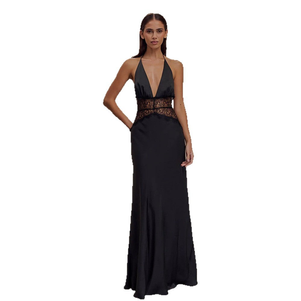 Women Summer V Neck Backless Lace See-Through Sexy Dress 8