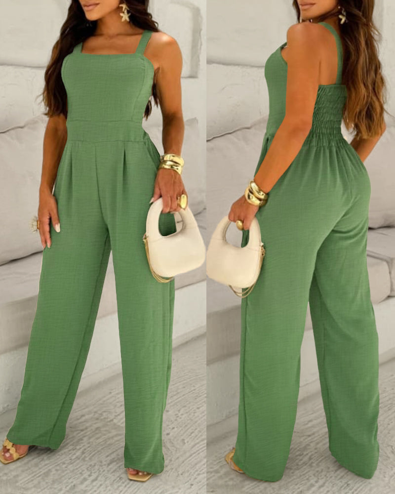 Women's solid color strap sexy slim waist wide-leg jumpsuit 3