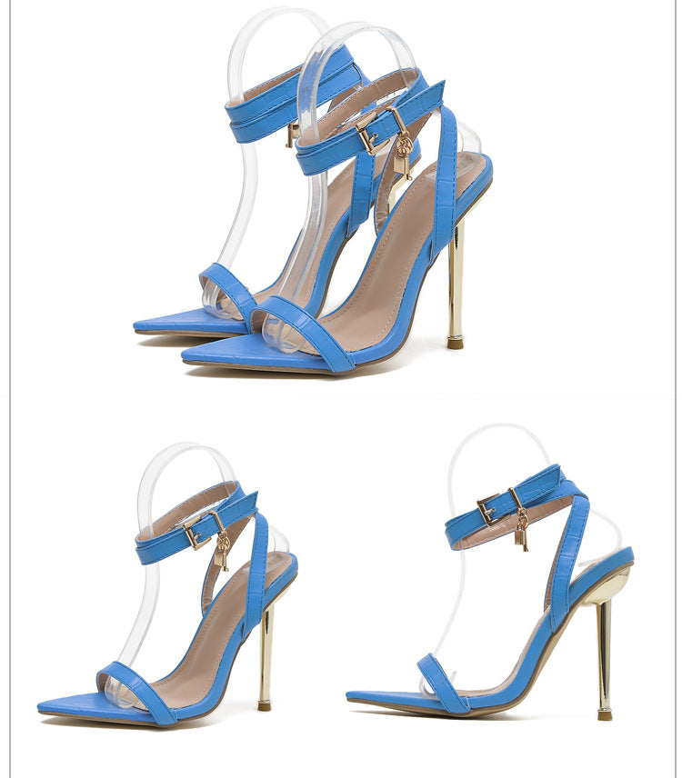 Women Pointed Toe Metal Lock Stiletto Sandals 19