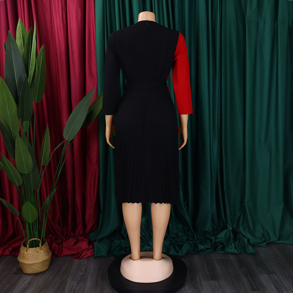 Africa Plus Size Women's Fashion Chic COLorblock Lace-Up Pleated Elegant Dress 27