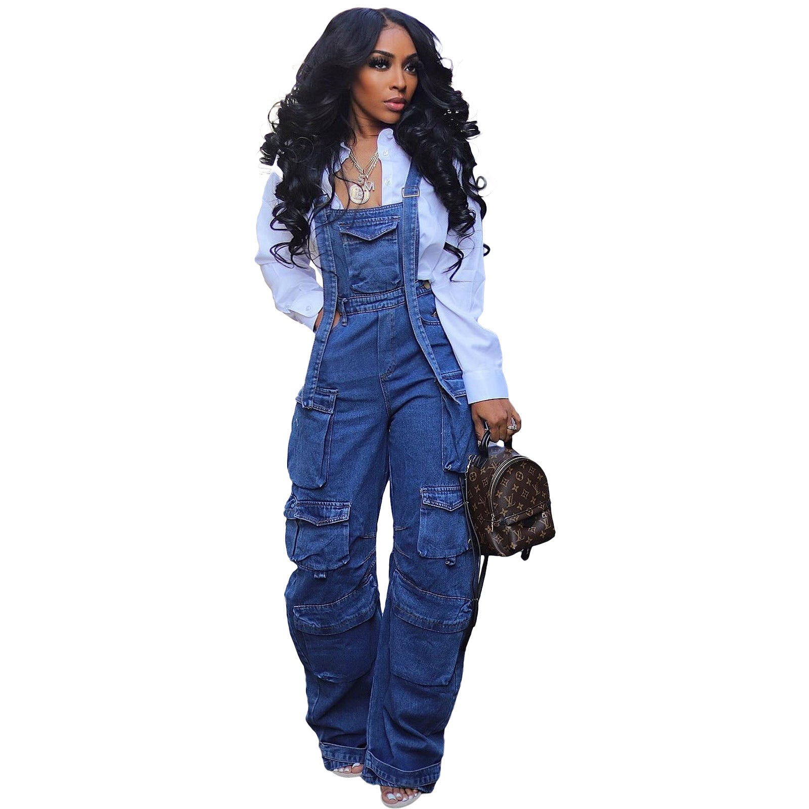 Women style washed Denim loose cargo overalls 13