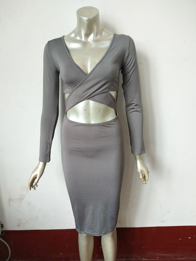 Spring Summer Style Women's Stretch Sexy Hollow V-neck Long Sleeve Nightclub Party Dress 26