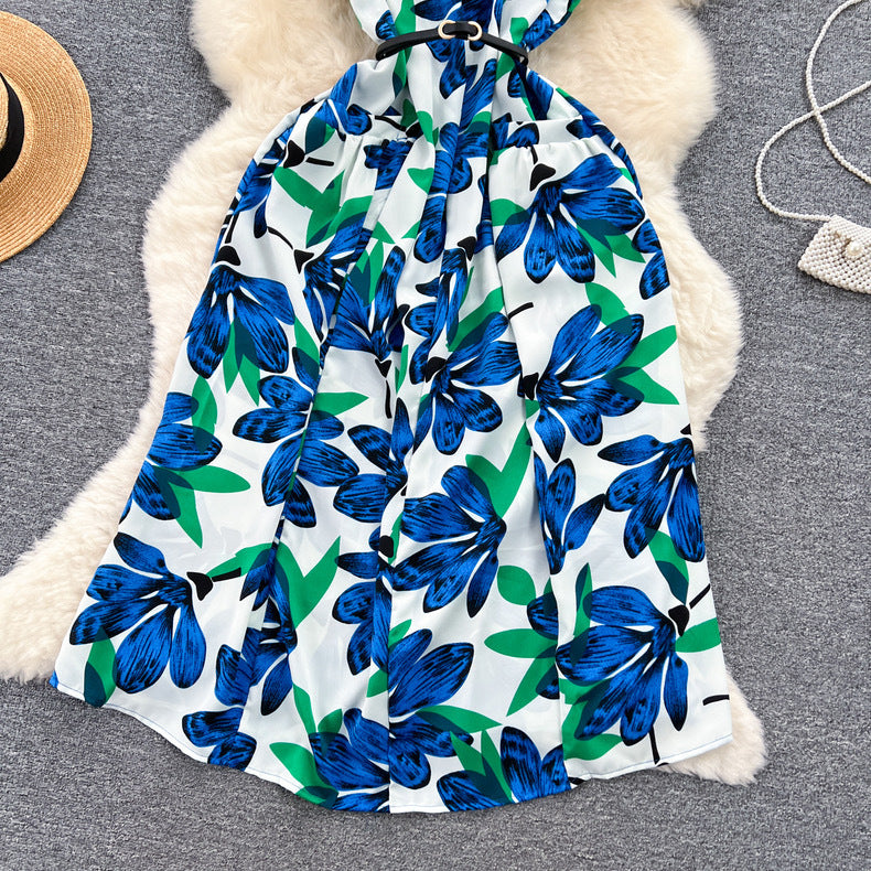 Women Vintage V-Neck Print Summer French Lace-Up Maxi Shirt Dress 22