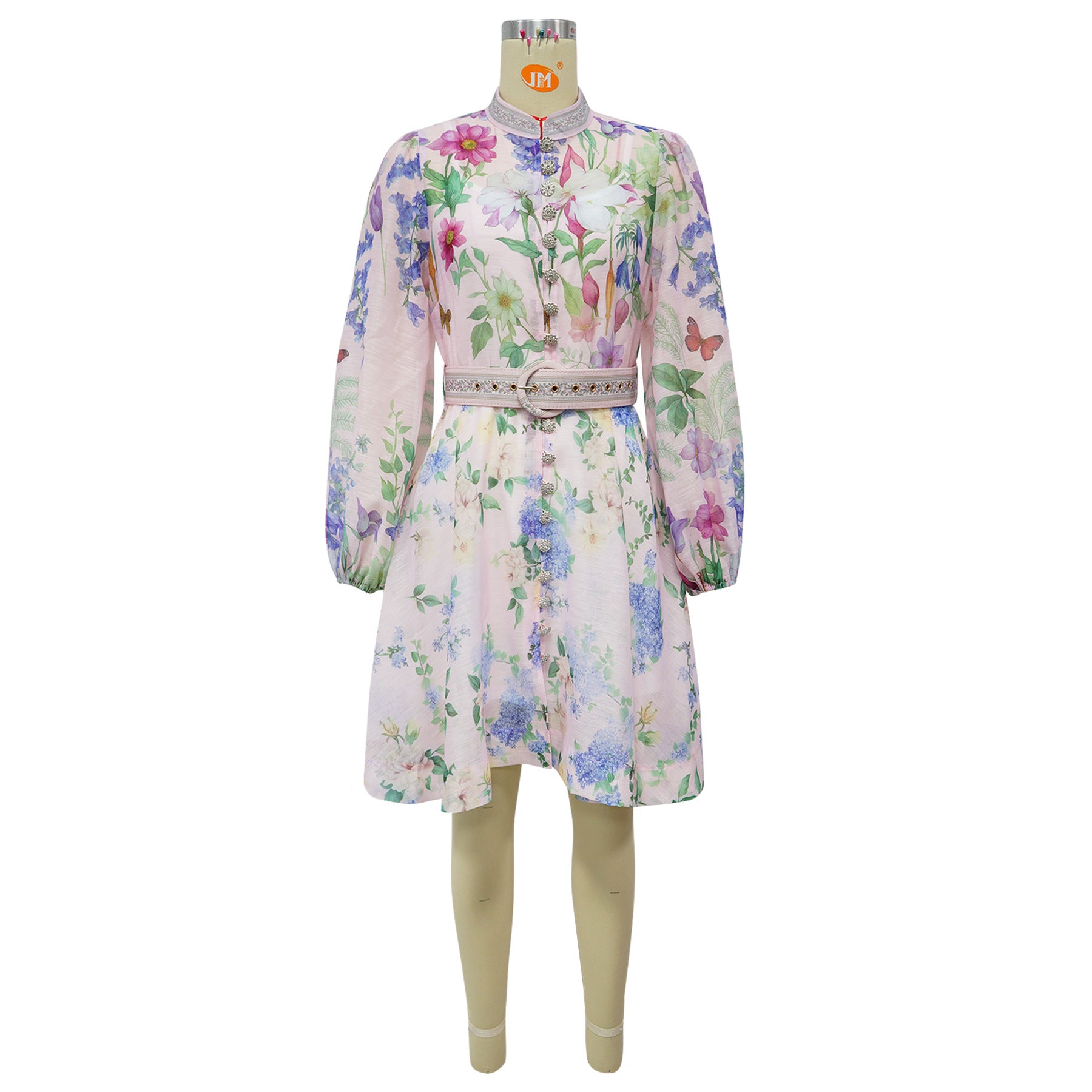 Women Printed Lantern Sleeve Buttoned Dress with Belt 6