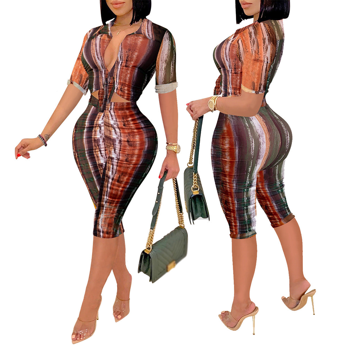 Casual Printed V-Neck Short-Sleeve Shirt Mid-Length Shorts Two-Piece Set 3