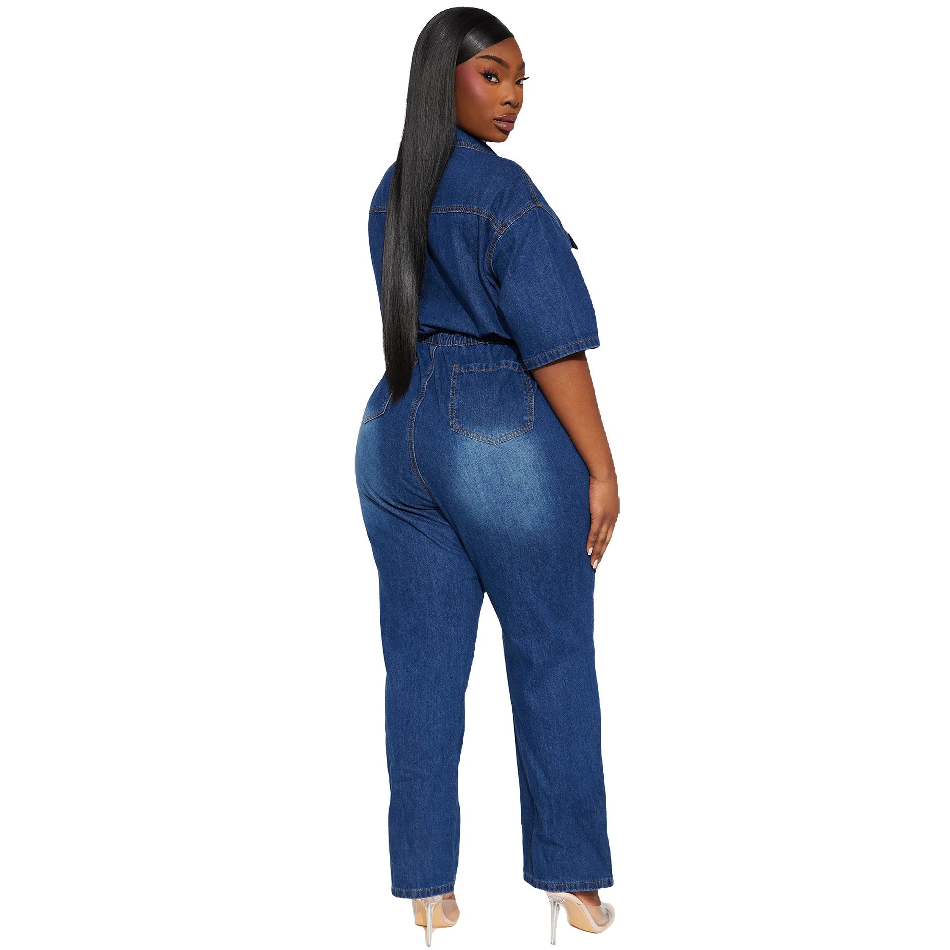 Casual Short Sleeve Button Elastic Denim Jumpsuit 6