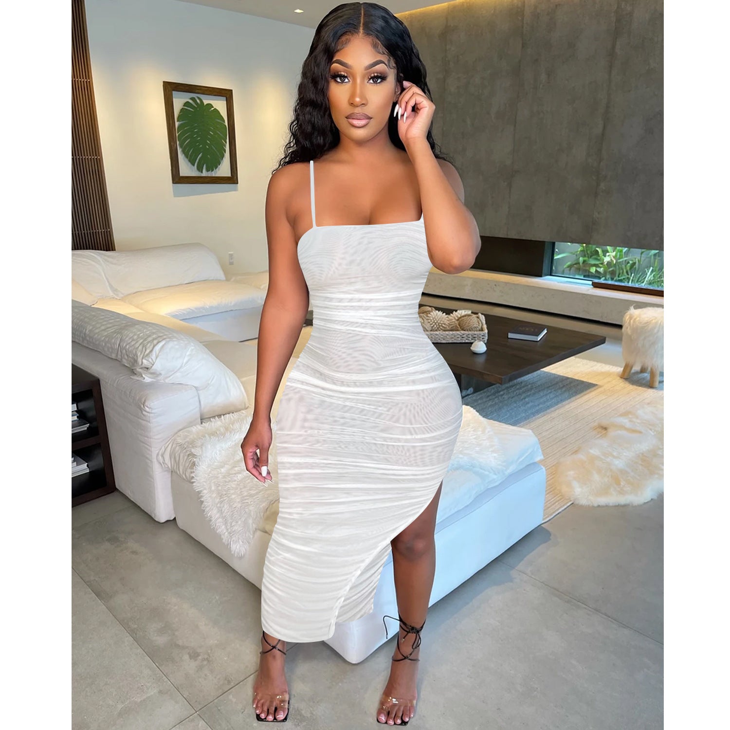 Women sexy suspender mesh See-Through pleated slit dress 4