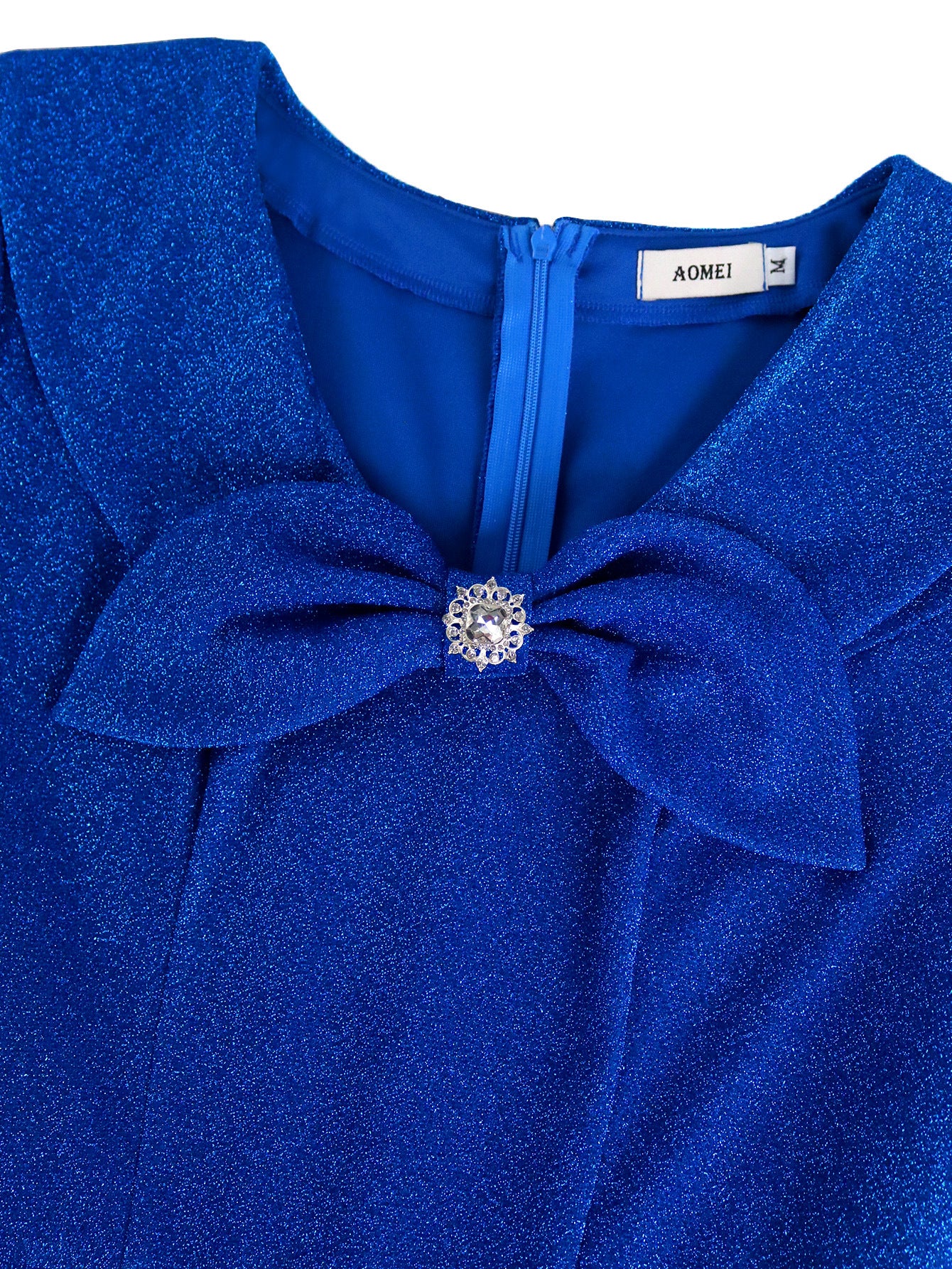 Women bow tie Turndown Collar short sleeve pleated Formal Party dress 6