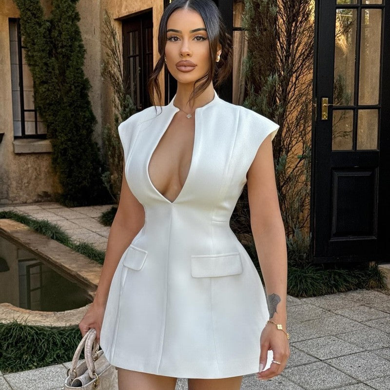 Summer Fashion Solid Color Deep V Sexy Slim Women's Dress 3