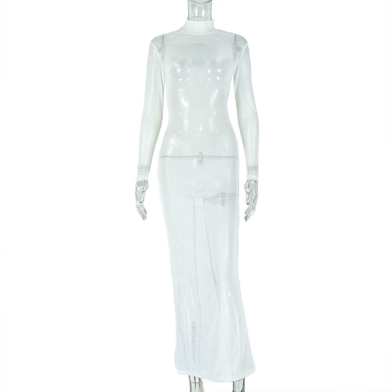 Women Elegant Sexy Backless Stand Collar Long Sleeve Solid Maxi Dress 11