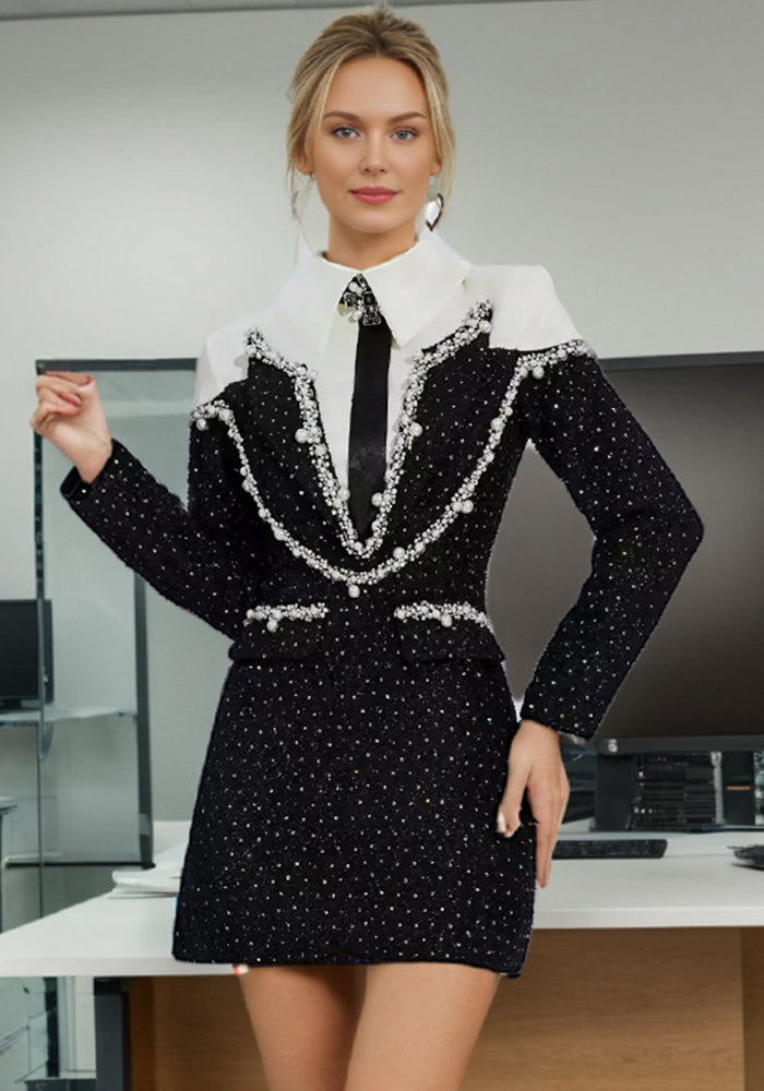 beaded sequin design Turndown Collar long-sleeved short dress