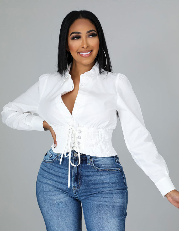 Women French Long Sleeve Casual Solid Turndown Collar Shirt