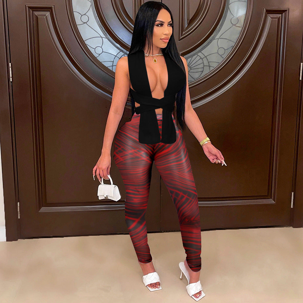 Women's Sexy Two Piece Halter Wrap Print Pants Set 10