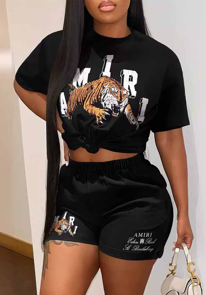 Women printed short-sleeved top and shorts two-piece set