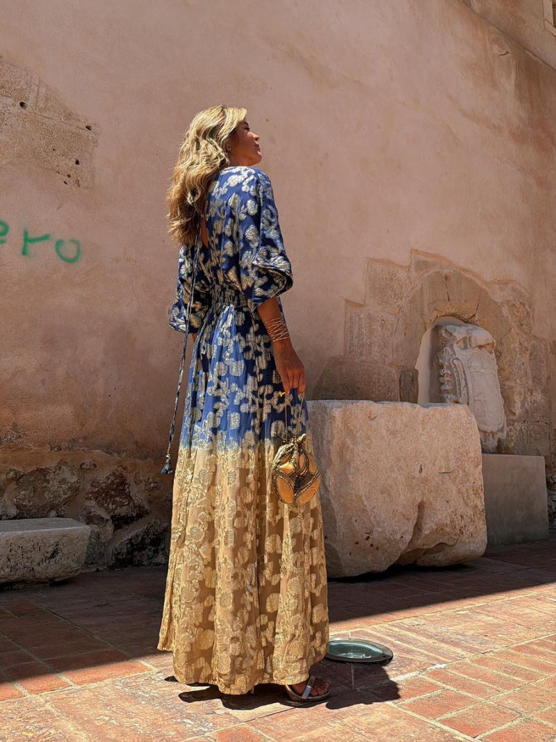 Print V-Neck Low Back Slim Waist Wide-Leg Jumpsuit 5