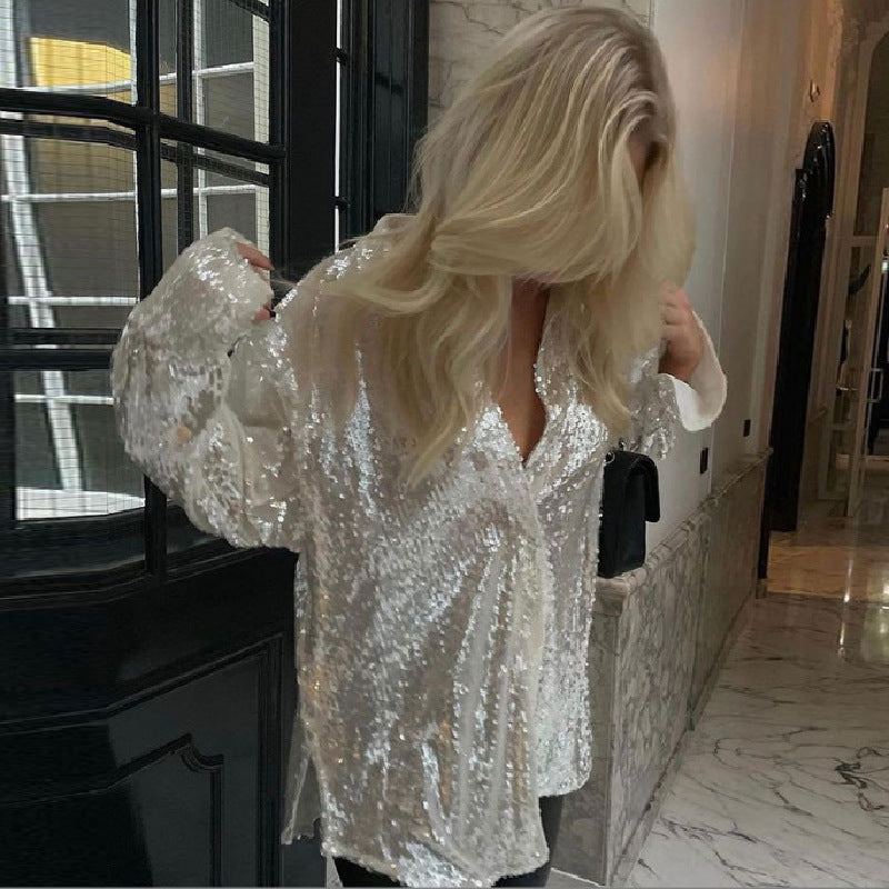 Women sequined loose long shirt