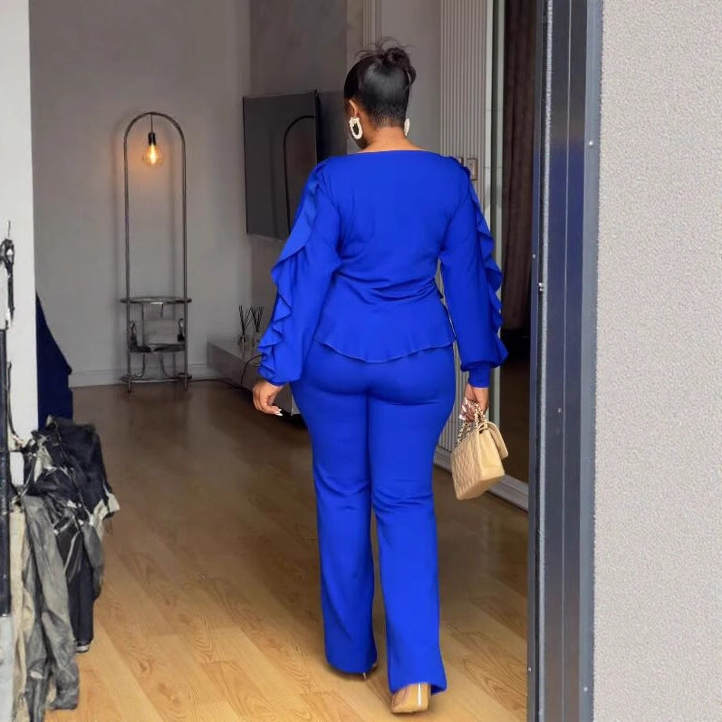 Women elegant lace drawstring long sleeve Top and Pants Two-piece Set 5