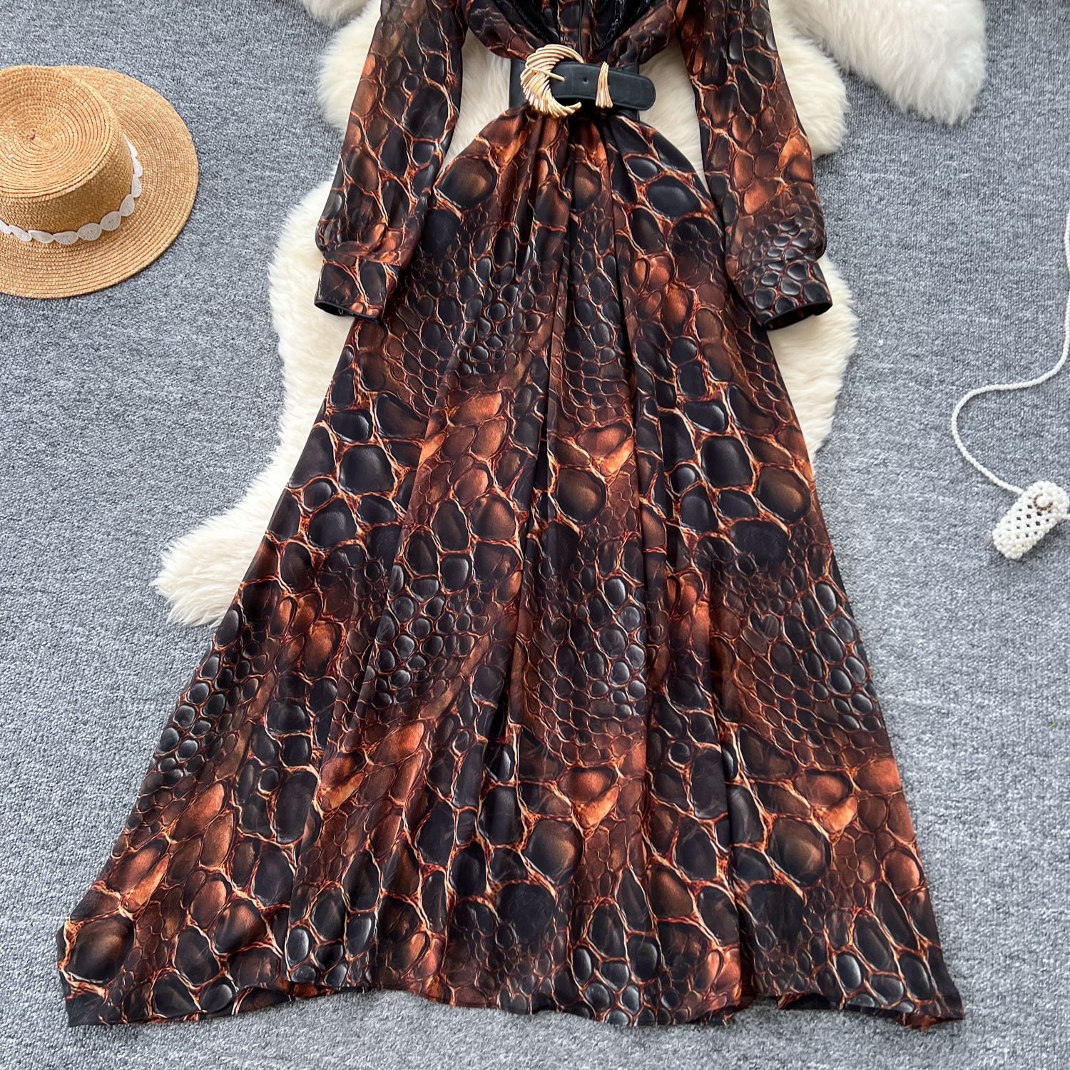 Fashionable Women's Beaded Sequin Embroidery V neck Slim Waist Long Sleeve Leopard Print Elegant Long Dress 17