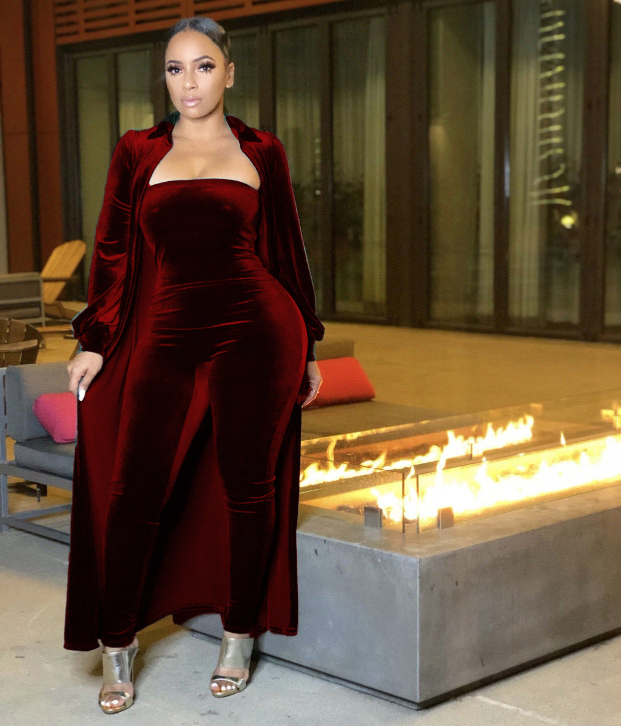 Sexy Velvet Strapless Women Jumpsuit Jacket Two Piece Set 8