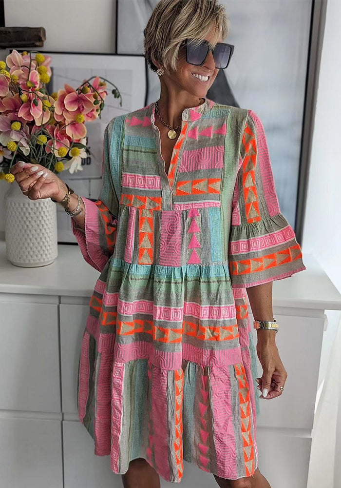 Women Print Stand Collar Three-quarter Sleeve Dress