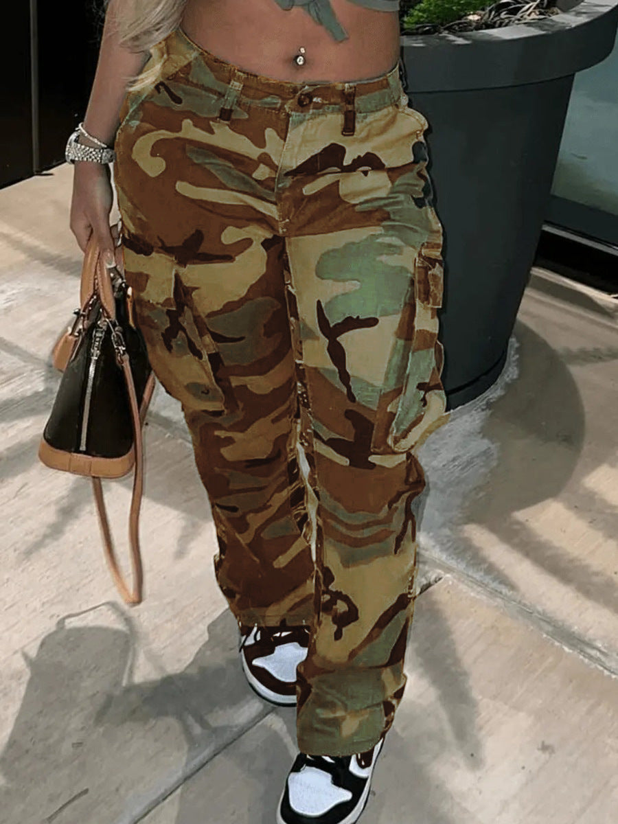 Spring High Waist Multi-Color Camouflage Cargo Pants