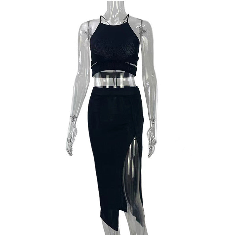 Women Lace-Up Backless Suspender Top and Slit Long Skirt two-piece set 32