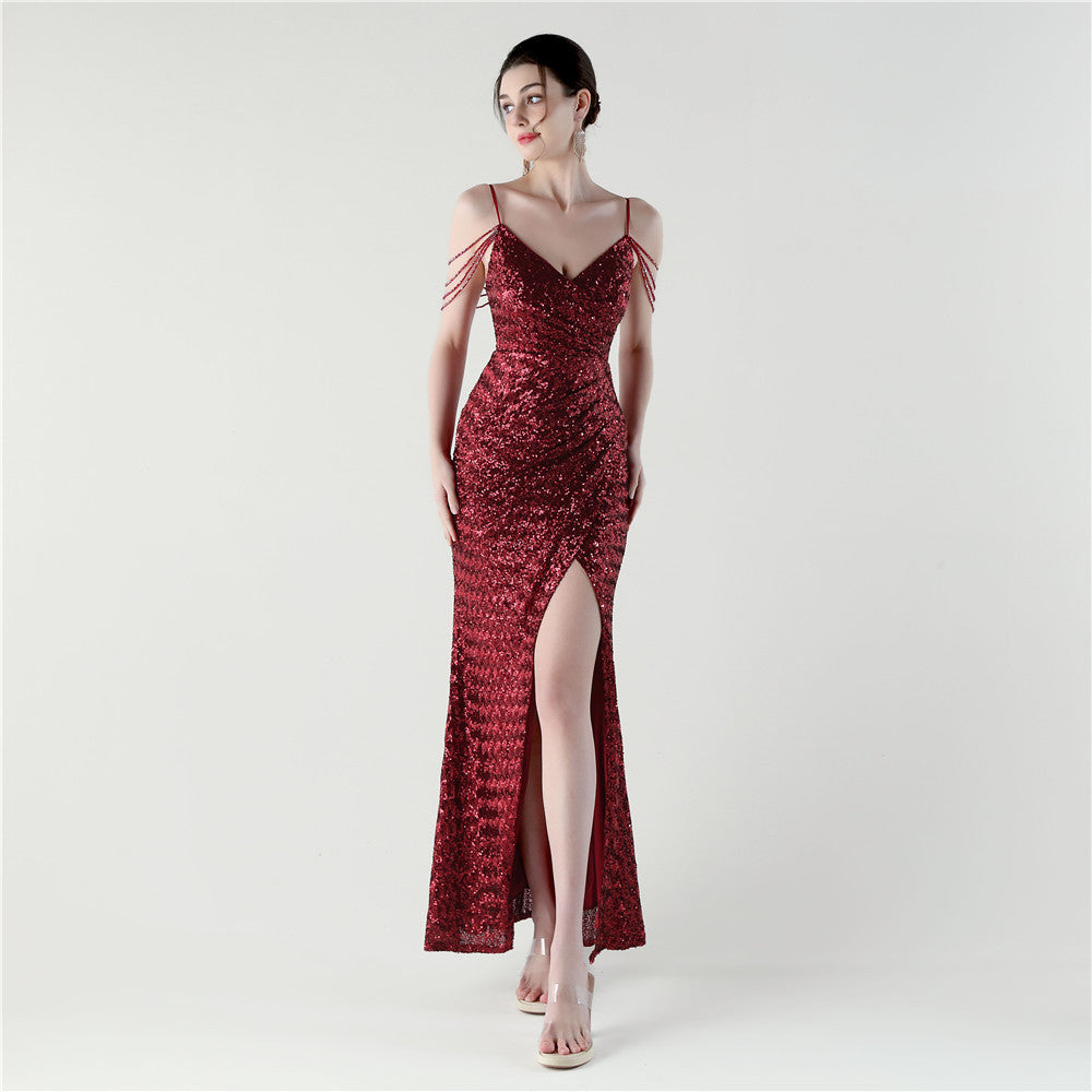 Women Evening V Neck Sequined Slit Evening Dress 11