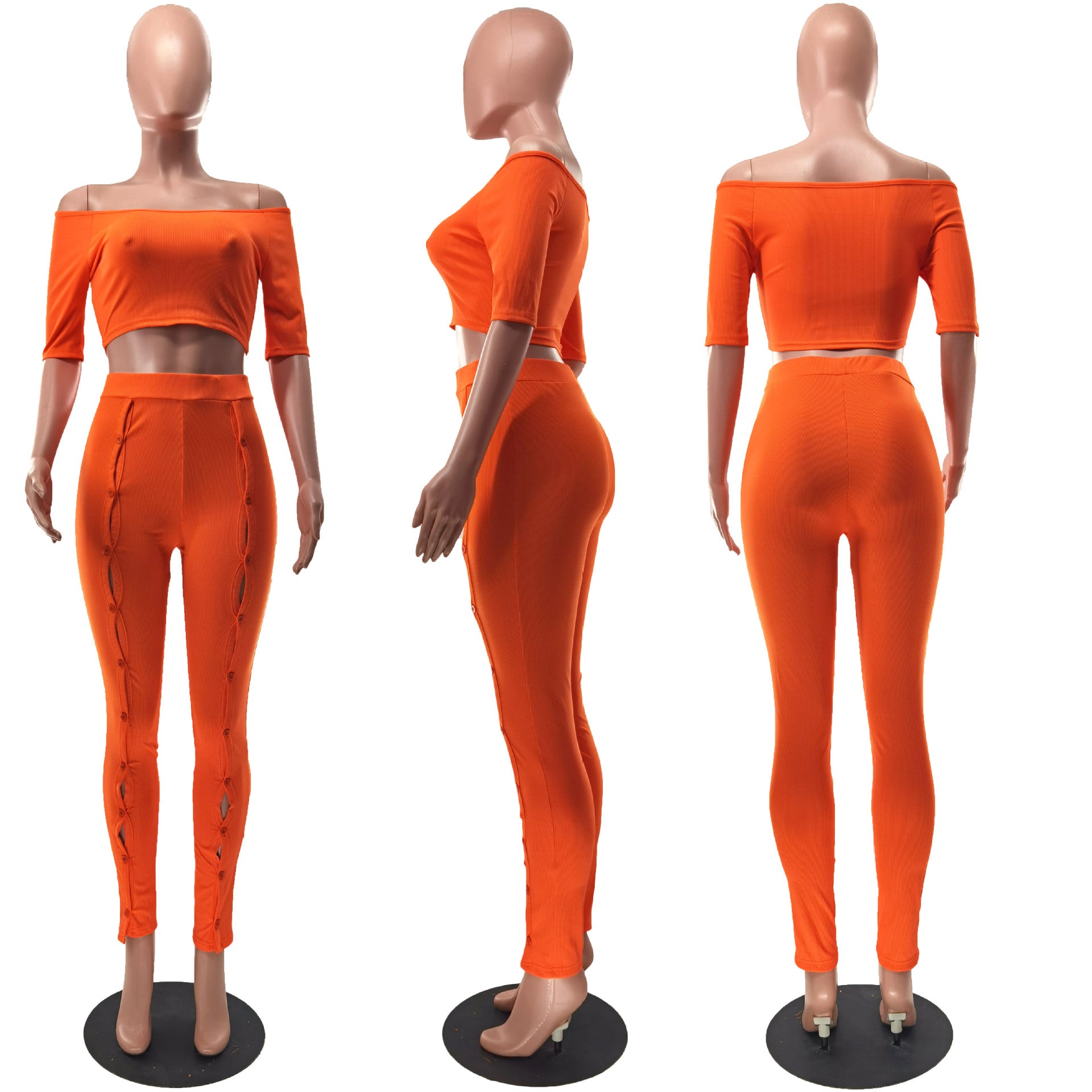 Women Summer Sexy Off Shoulder Short Sleeve Top and Button Pants Two-Piece Set 9