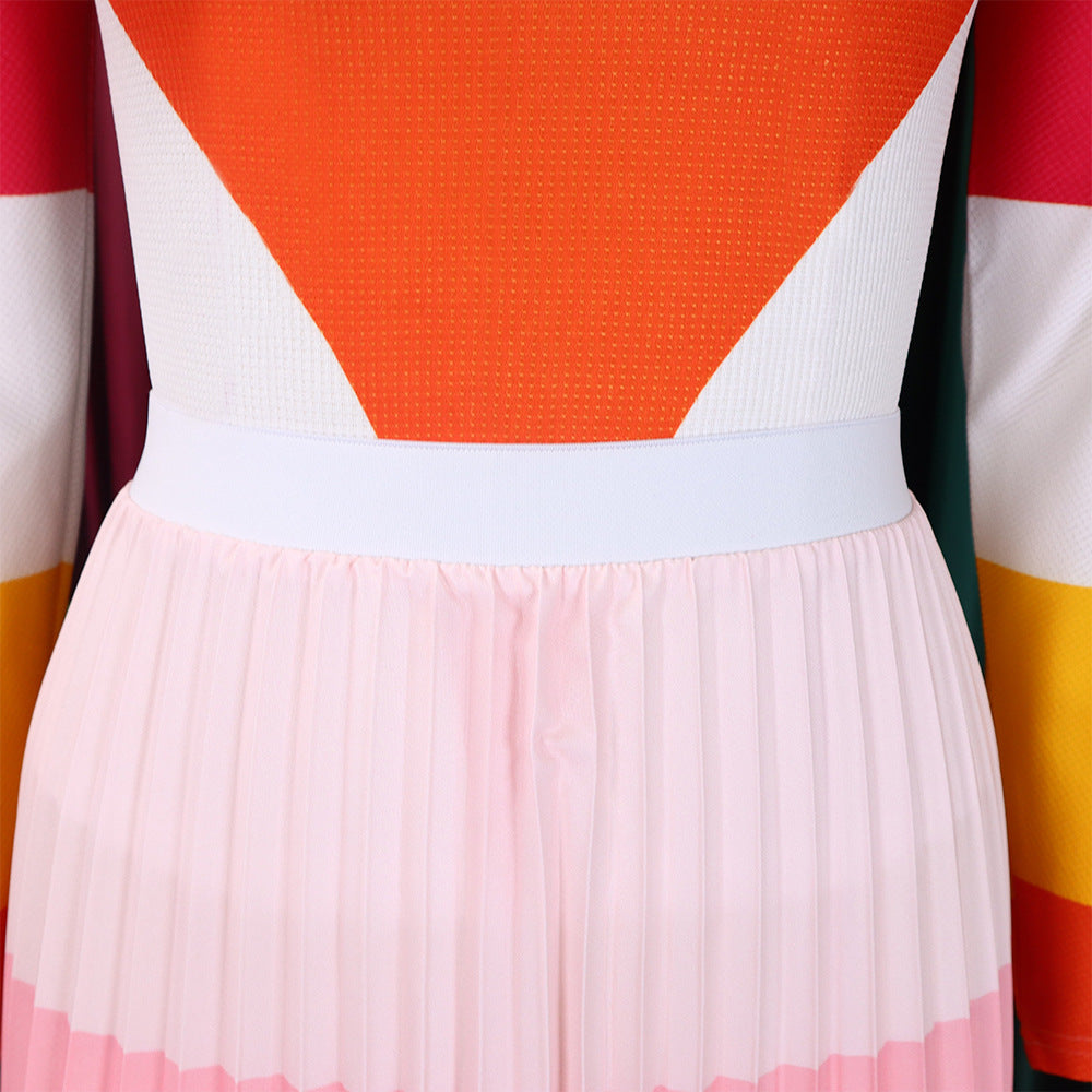 Women Autumn Pleated Print Contrast Color Long-sleeved Top and Skirt Two-Piece Set 15