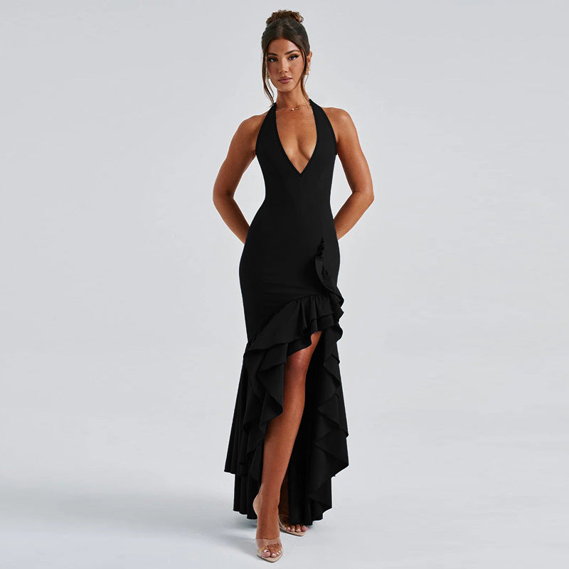 Women autumn sexy Halter Neck V Neck ruffle dress 9