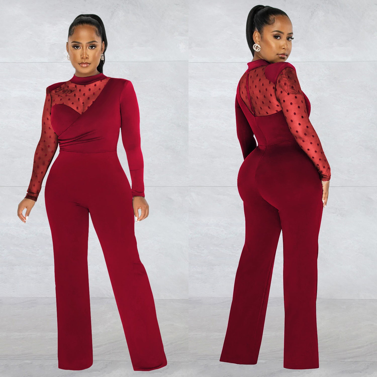 Women mesh See-Through Polka Dot Long Sleeve Jumpsuit 3