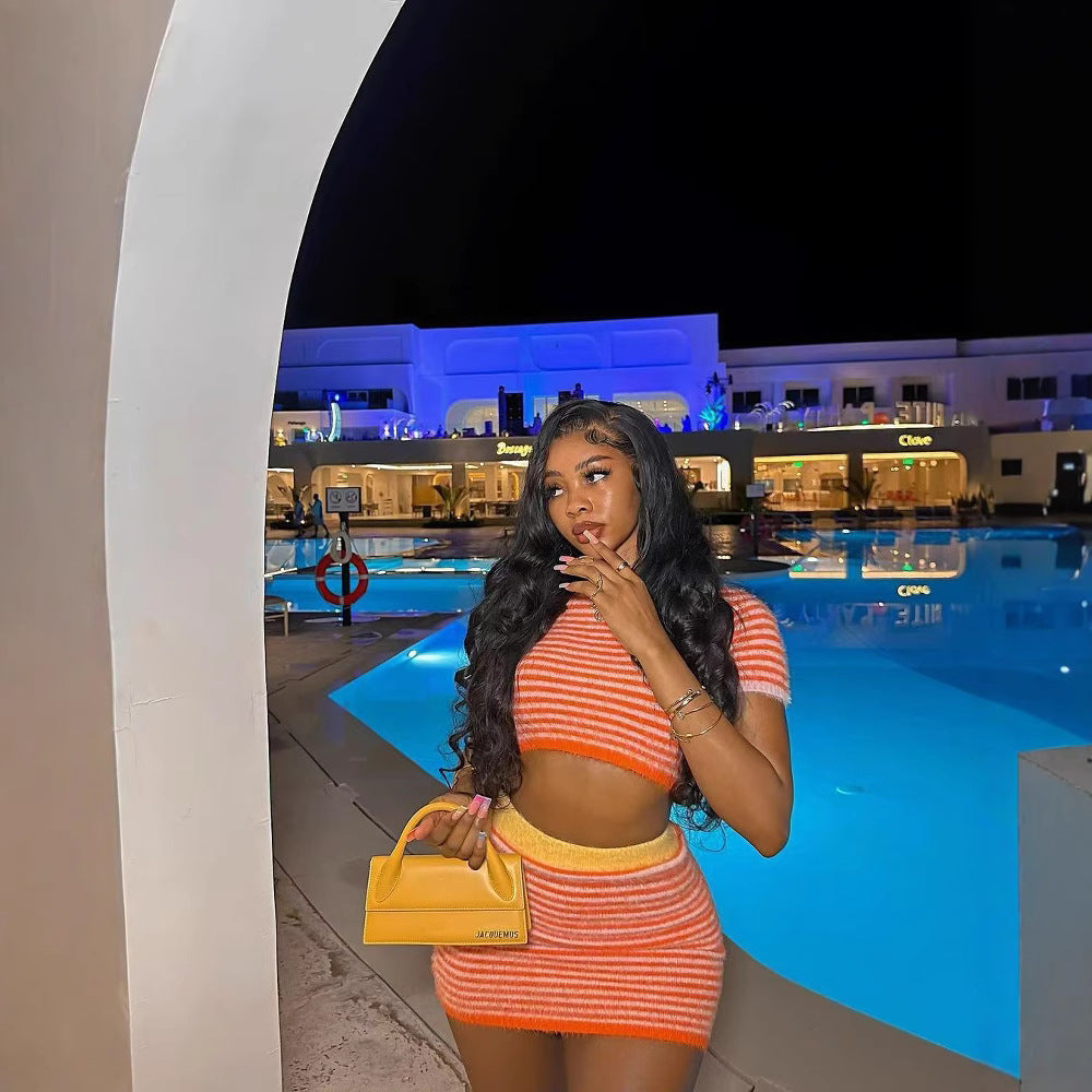 Women's Sexy Stripes short sleeve Knitting Crop Top Skirt Set 4