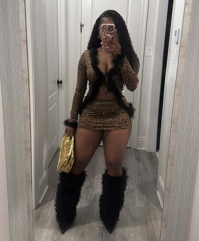 Women furry patchwork lace top and leopard print skirt two-piece set