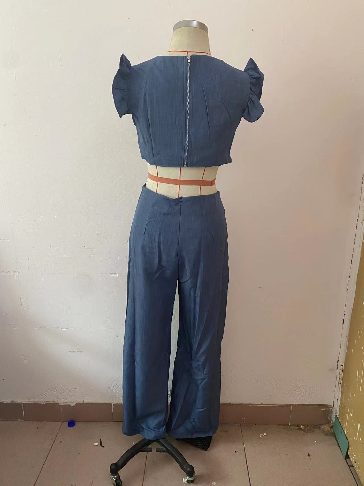 Women Summer Round Neck Ruffled Loose Jumpsuit 14