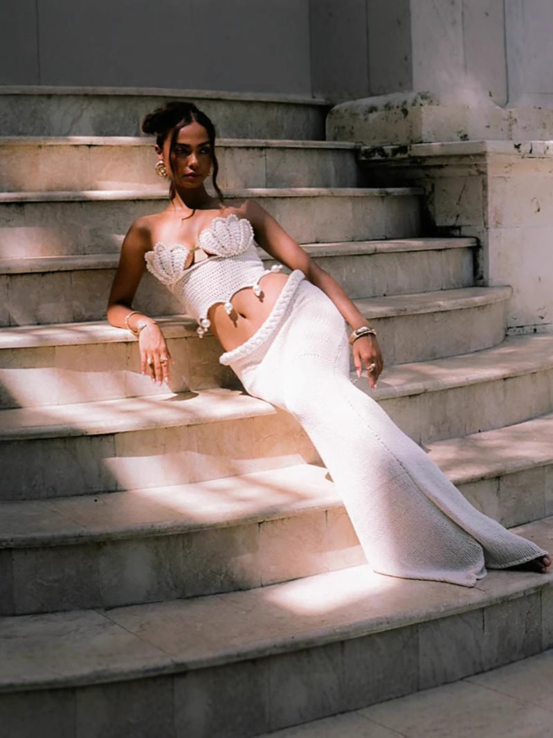 Women summer beaded Strapless Top and Skirt two-piece set 6