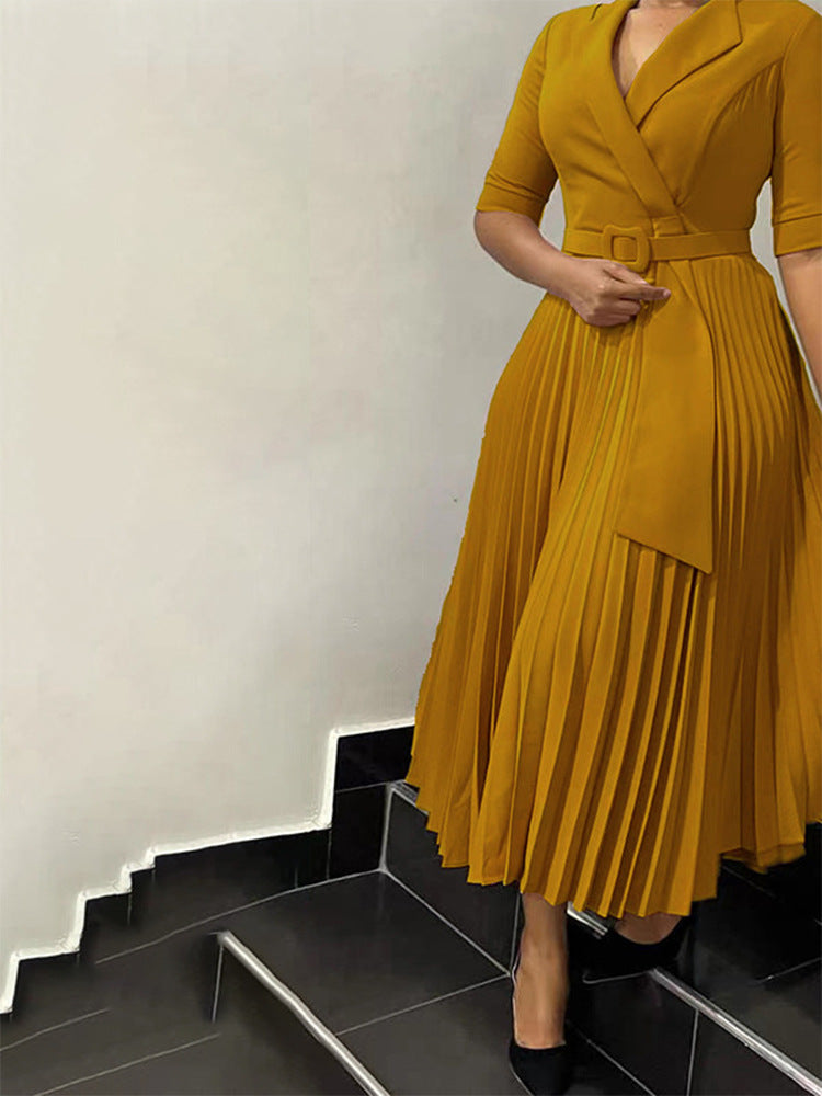 African Women Turndown Collar Lace-Up Pleated Dress 8