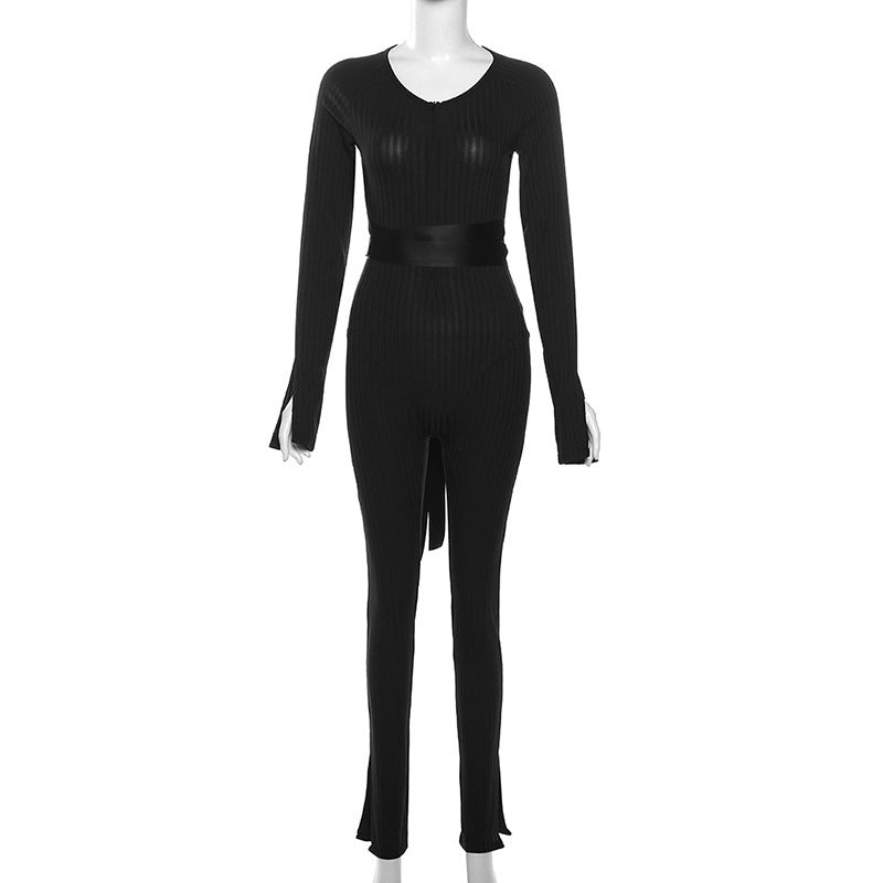 Women Sexy Ribbed Lace-up Casual Jumpsuit 11