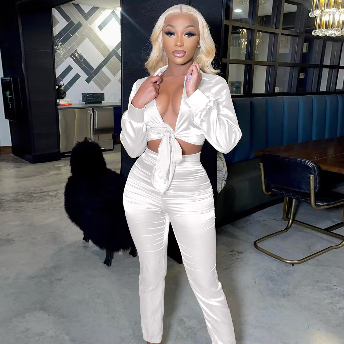 Sexy v-neck tie slim two-piece suit