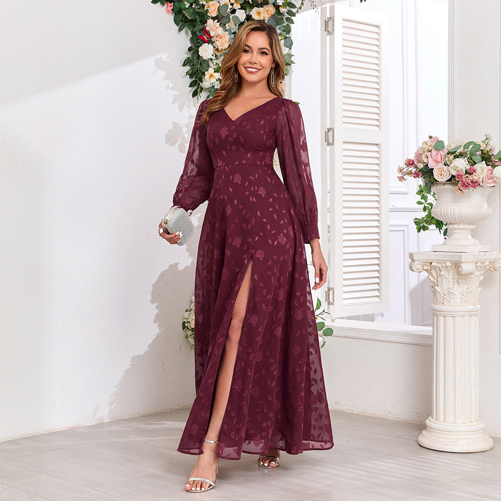 Autumn Long-Sleeve Double V-Neck High-Slit Lace Formal Dress with Full Lining 7