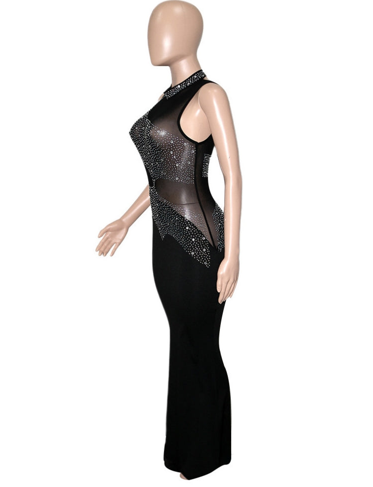 Winter Sexy Black Beaded Mesh Patch Sleeveless Evening Dress 4