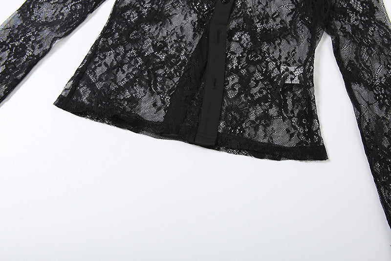 Women autumn sexy mesh see-through top and long skirt two-piece set 14