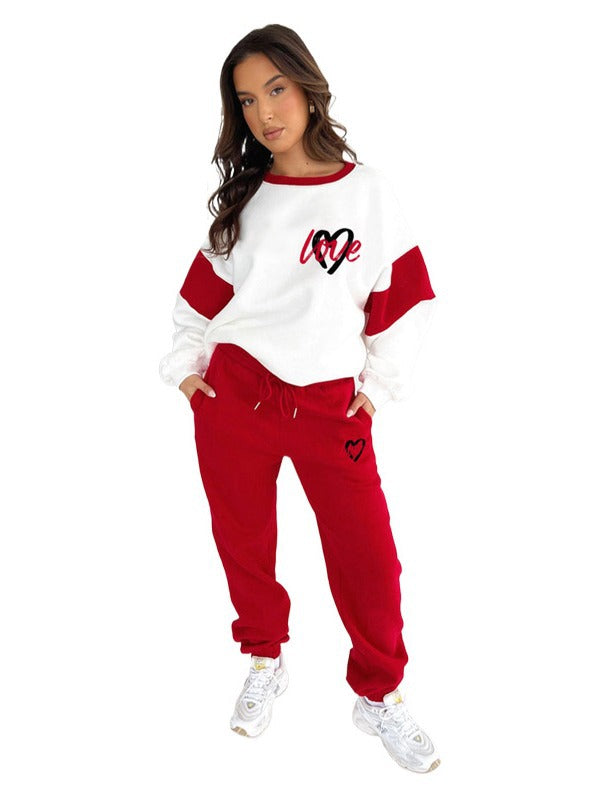 Women Heart Print Color Block Top and Casual Pants Set