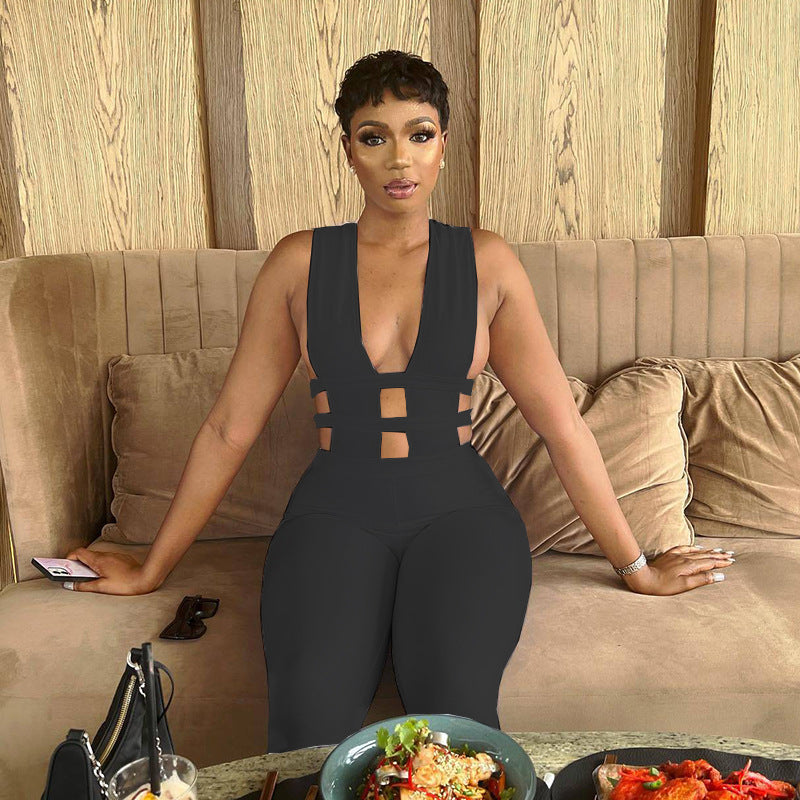 Women Summer Sexy Solid Color Cut Out Jumpsuit 4
