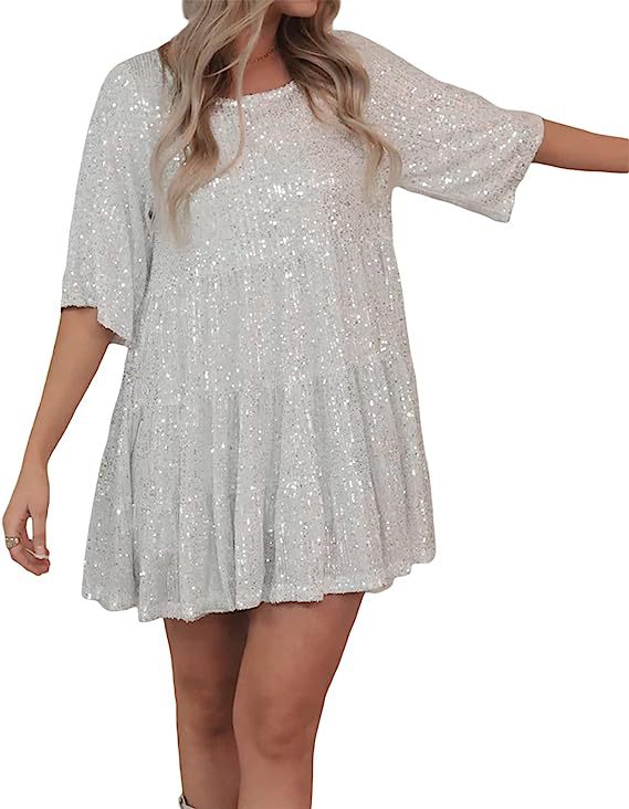 Women 's Sequin Half Sleeve Round Neck Ruffle Loose Formal Party Dress 18
