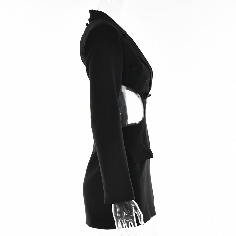 Women's Color Block Turndown Collar Low Back Fall Sexy Open Waist Long Sleeve Dress 7