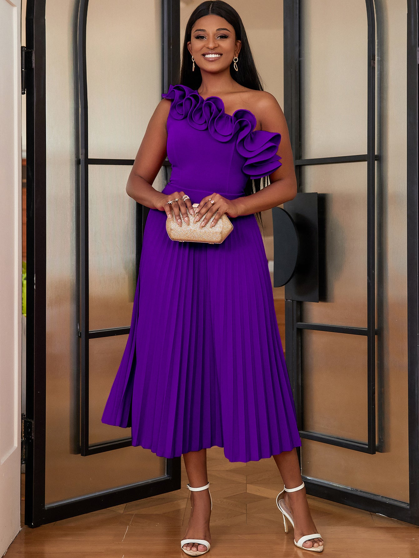 Women One Shoulder Slash Shoulder Formal Party Pleated Dress 27